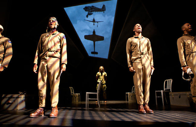 Eric Berryman, Damian Thompson and Mark Hairston with (background) Omar Edwards in “Fly,” at Ford’s Theatre. Photo by Scott Suchman.