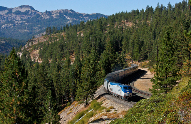 The California Zephyr at Donner Pass, CA. The train travels from the Bay Area and Chicago.