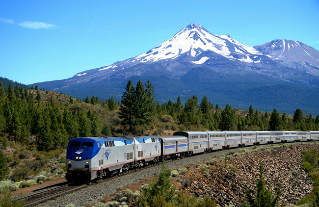 The Coast Starlight near Mt. Shasta, CA. The train travels between Los Angeles and Seattle.