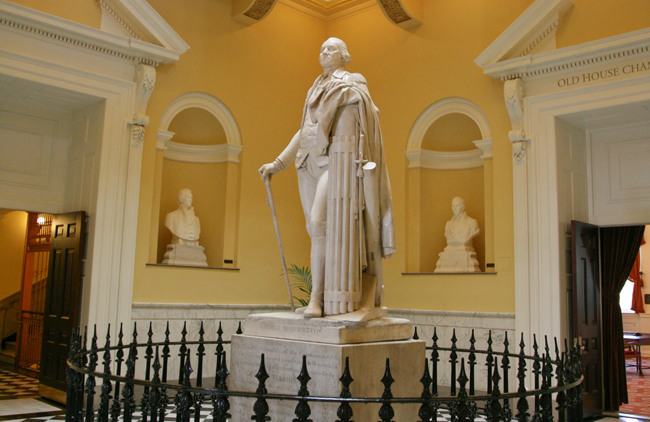 A statue of George Washington on display in the rotunda of the Virginia State Capitol, courtesy Virginia State Capitol