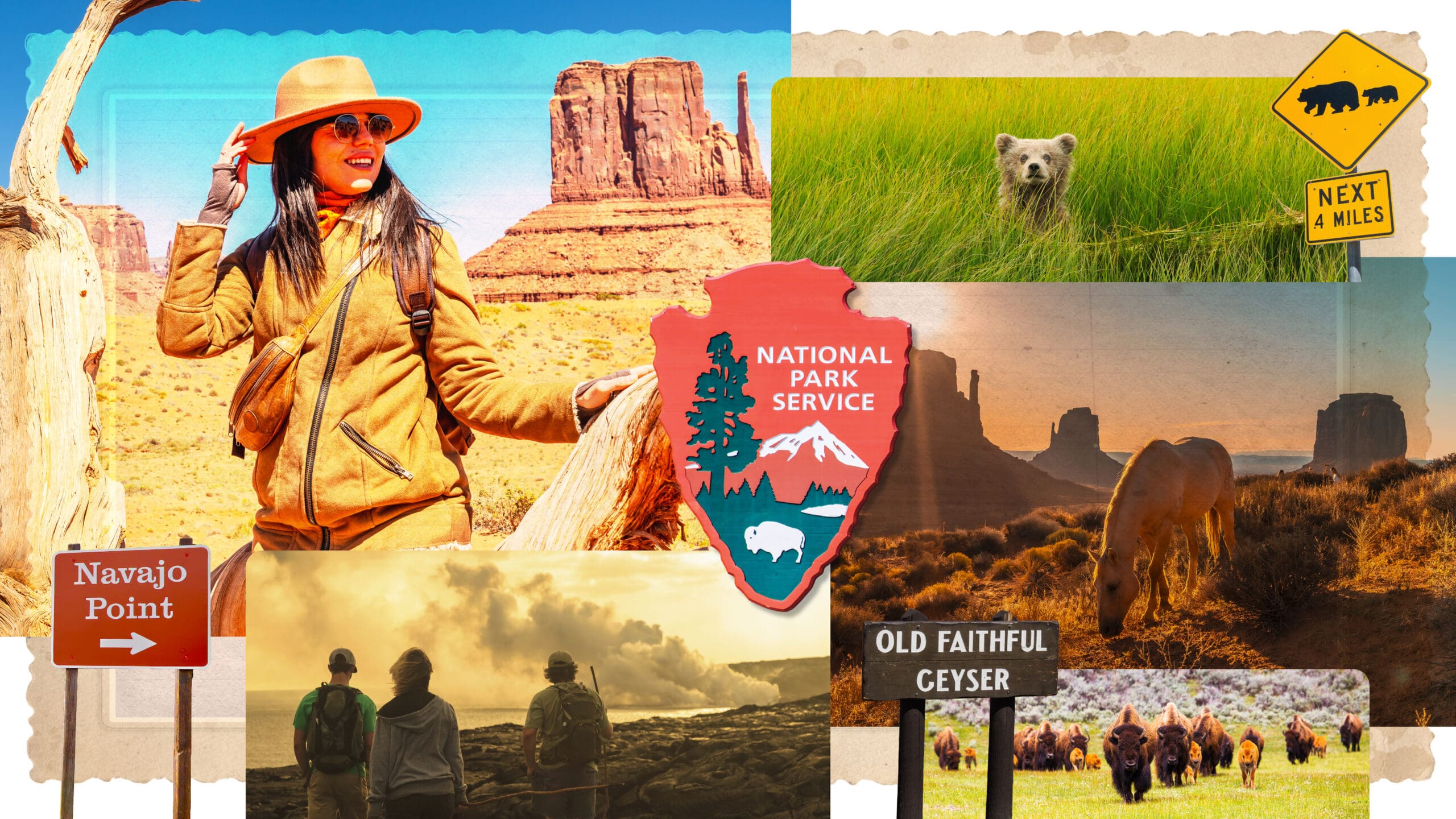 Collage of U.S. national park imagery with a hiker, desert landmarks, wildlife signs, and 'National Park Service' emblem.