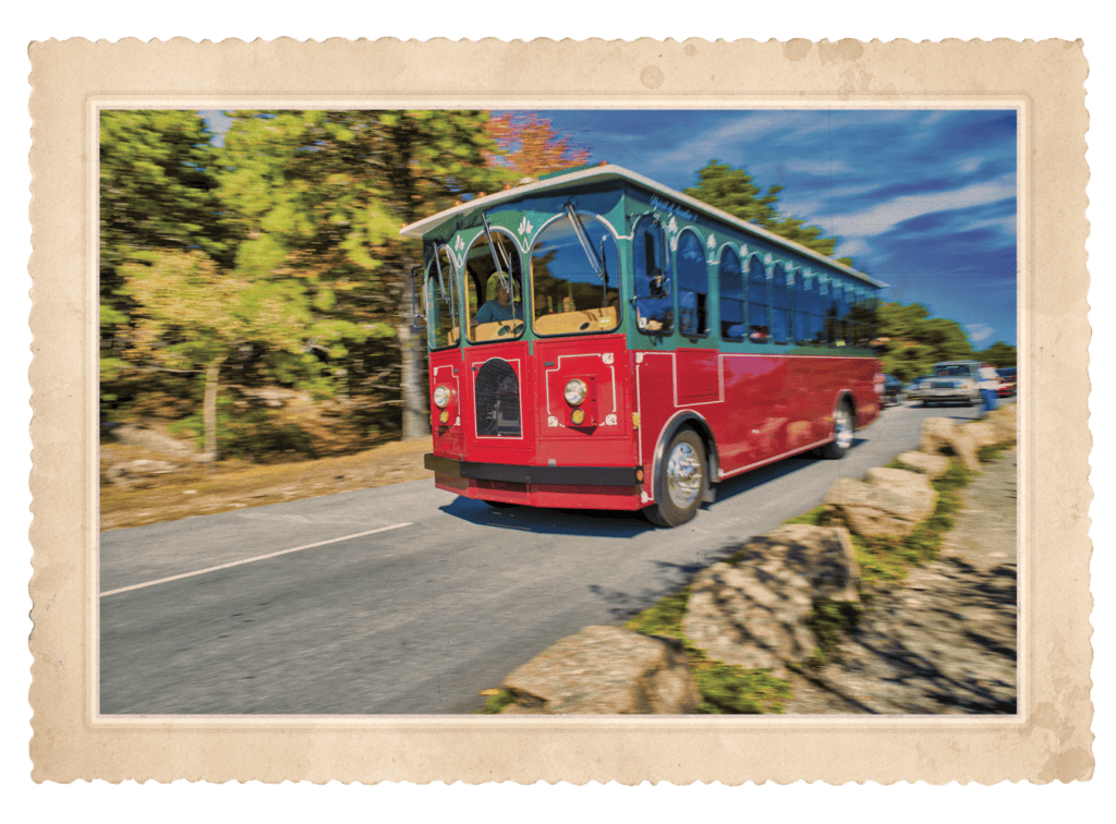 Red vintage trolley bus traveling on a road with trees to the left and a rocky barrier to the right.