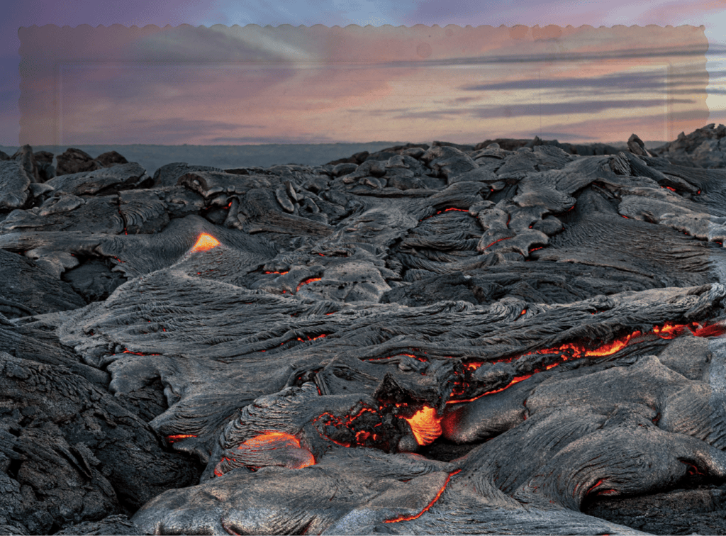 Active lava field with glowing red molten lava flowing through dark, cooled rock at sunset by the coast.