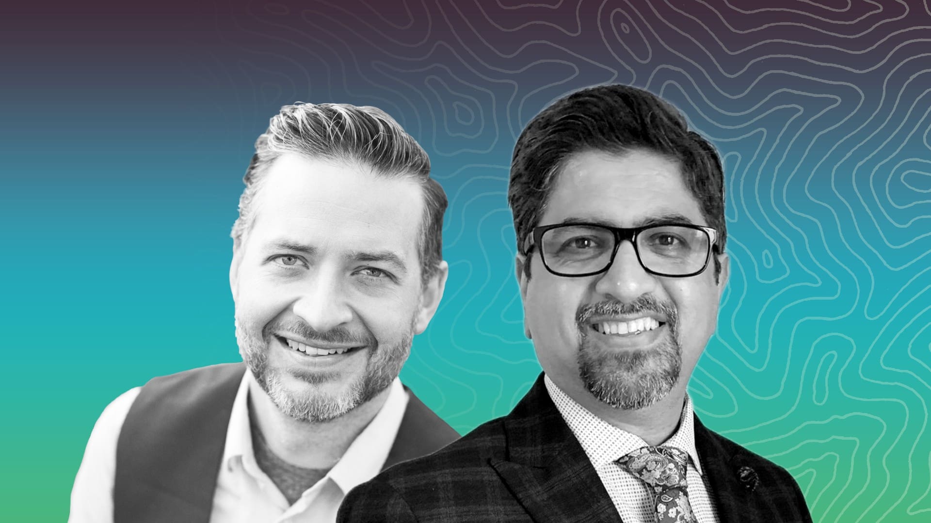 Two smiling men in business attire posed against a teal gradient background with contour-line patterns (black-and-white photo collage).