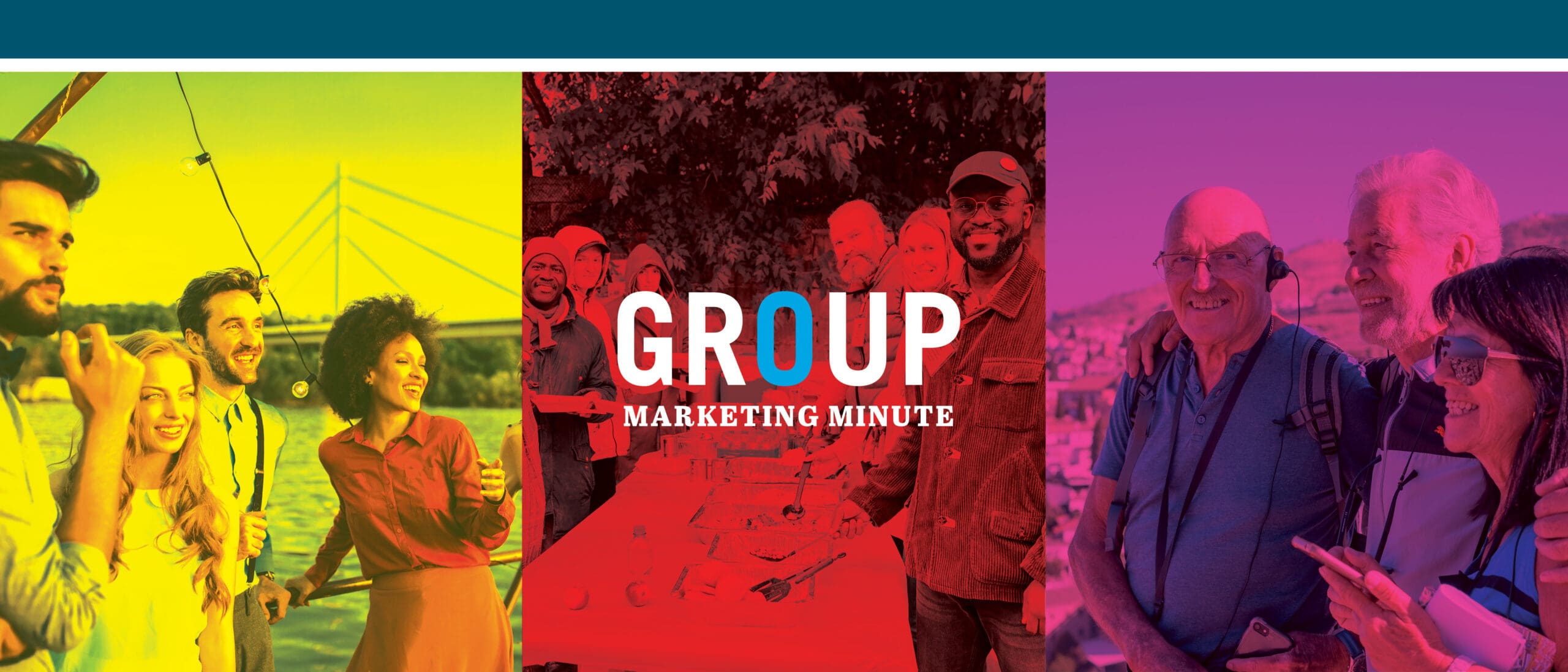 Banner-style collage of diverse people enjoying an outdoor gathering, split into yellow, red, and purple panels, with 'GROUP MARKETING MINUTE' in the center.