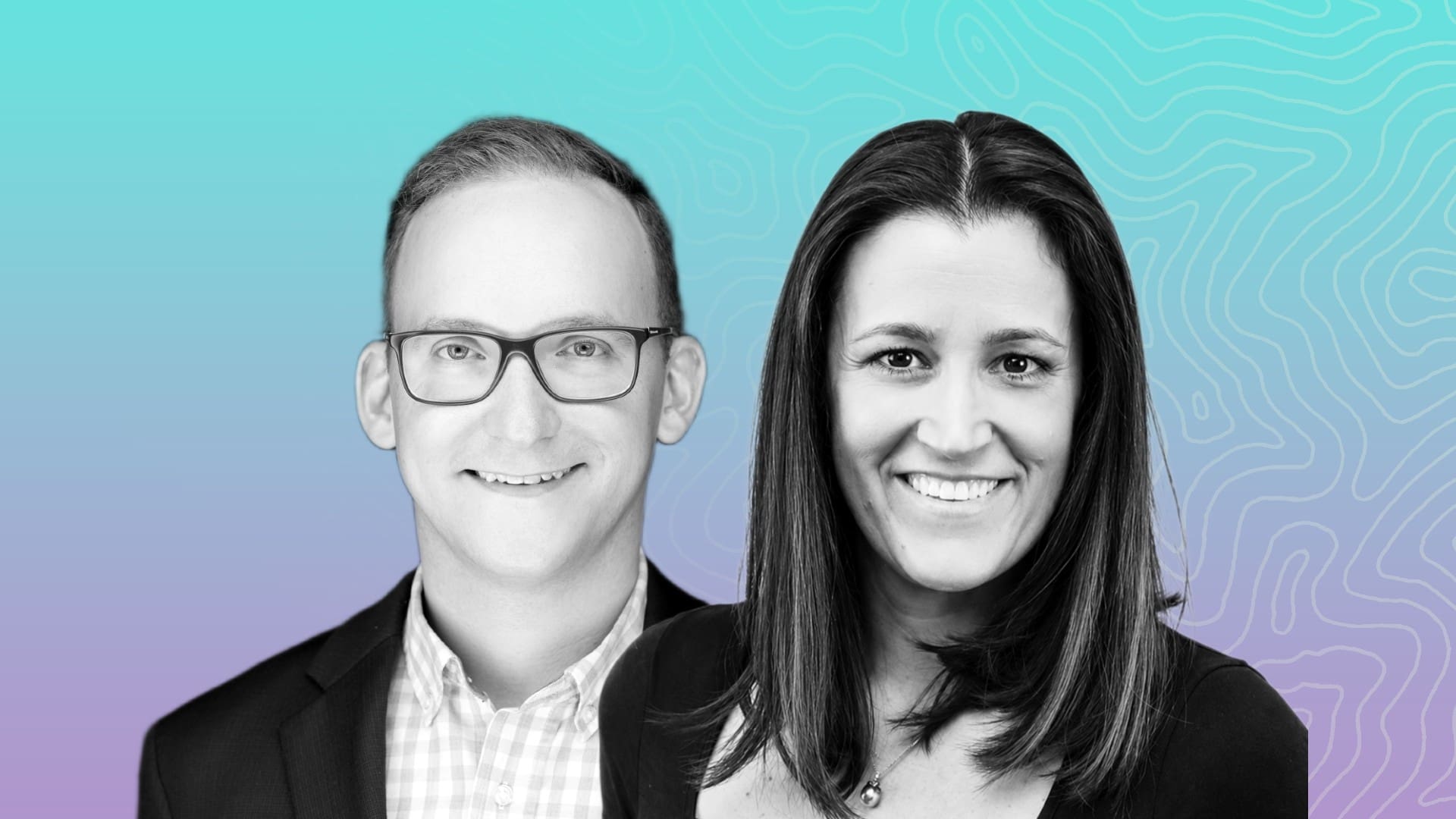 Two smiling professionals, a man and a woman, pose side by side in business attire against a gradient teal-to-purple background with abstract contour lines.