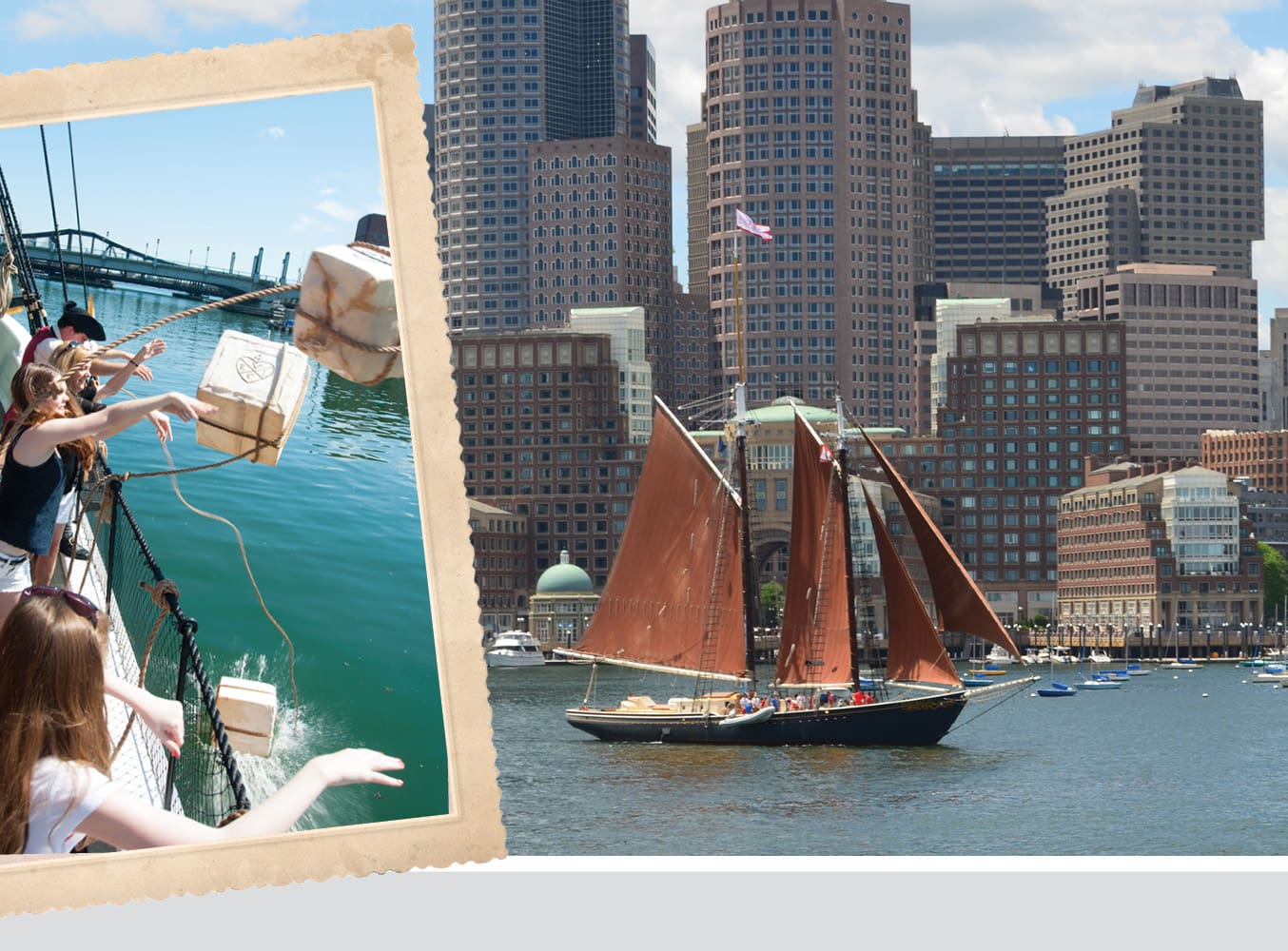 Boston Tea Party reenactment and a tall ship in Boston Harbor